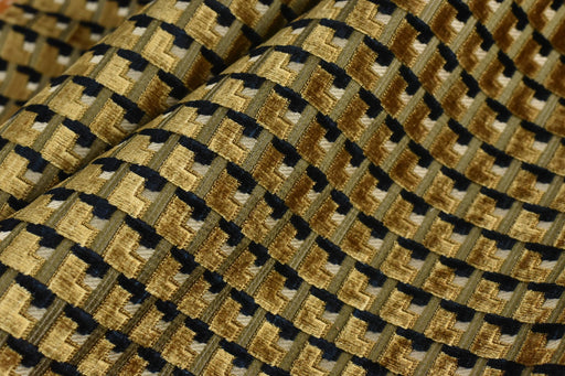 Heavy Weight Gold Black Geometric Cut Velvet Upholstery For Chair|Retro Modern Plushed Raised Blocks Woven Fabric For Sofa Couch Pillow