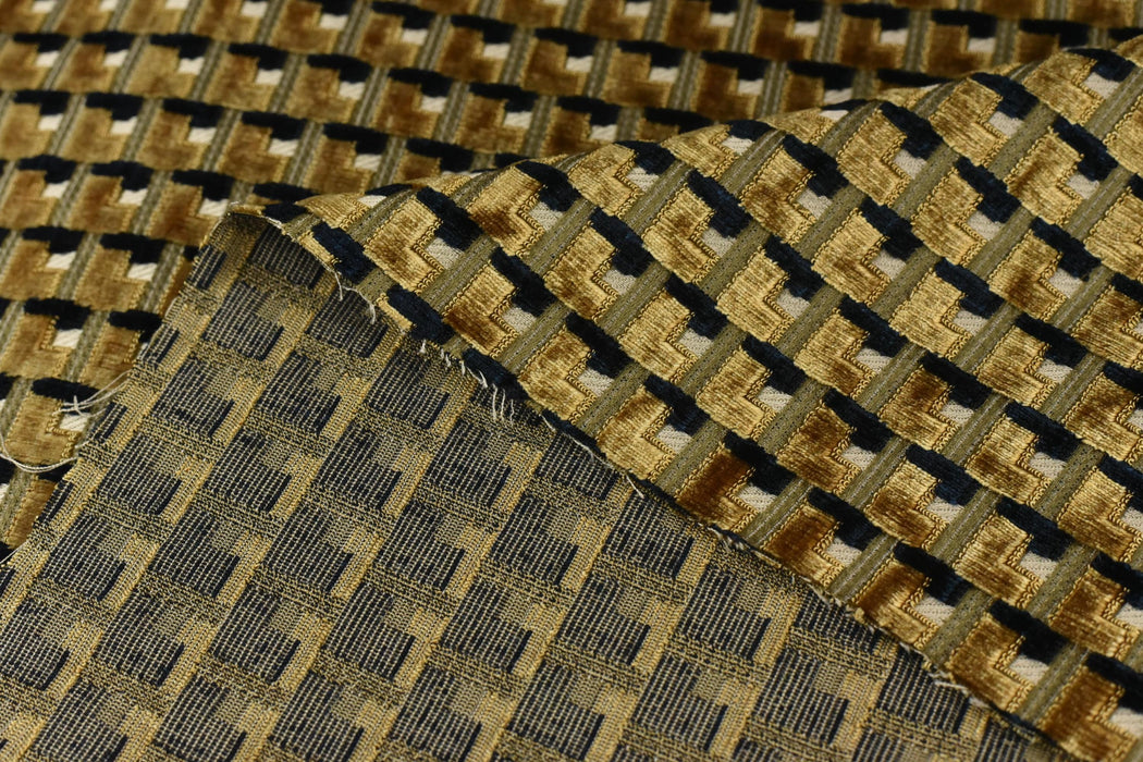 Heavy Weight Gold Black Geometric Cut Velvet Upholstery For Chair|Retro Modern Plushed Raised Blocks Woven Fabric For Sofa Couch Pillow
