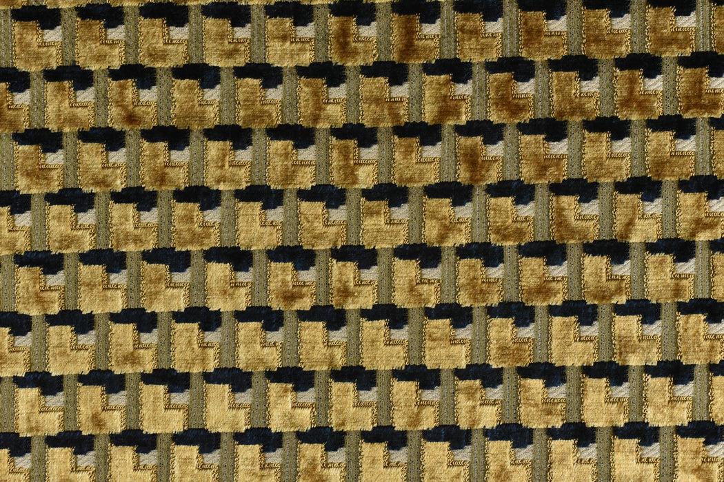 Heavy Weight Gold Black Geometric Cut Velvet Upholstery For Chair|Retro Modern Plushed Raised Blocks Woven Fabric For Sofa Couch Pillow