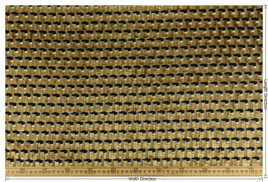 Heavy Weight Gold Black Geometric Cut Velvet Upholstery For Chair|Retro Modern Plushed Raised Blocks Woven Fabric For Sofa Couch Pillow