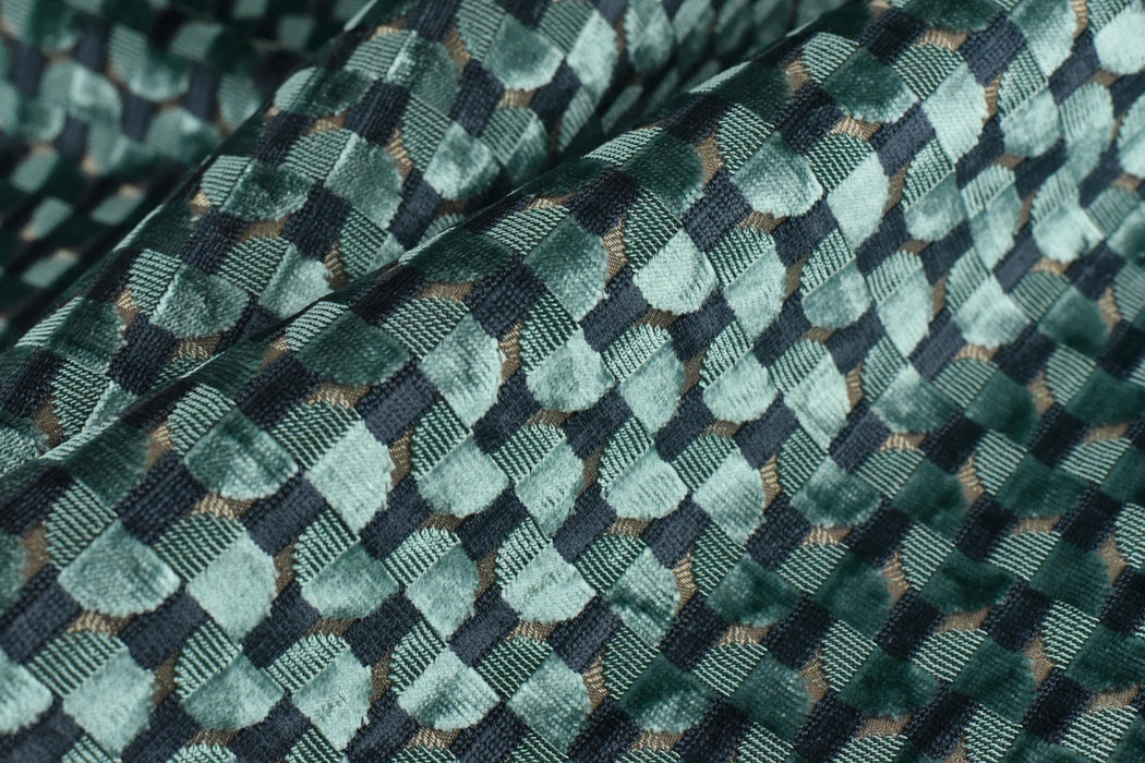 Heavy Weight Semicircle Striped Cut Velvet Upholstery Fabric For Chair|Teal Green and Blue Raised Geometric Furniture Fabric For Sofa