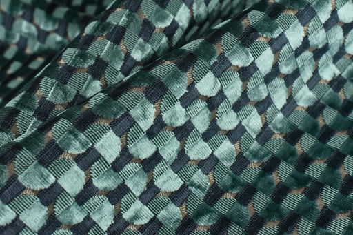 Heavy Weight Semicircle Striped Cut Velvet Upholstery Fabric For Chair|Teal Green and Blue Raised Geometric Furniture Fabric For Sofa