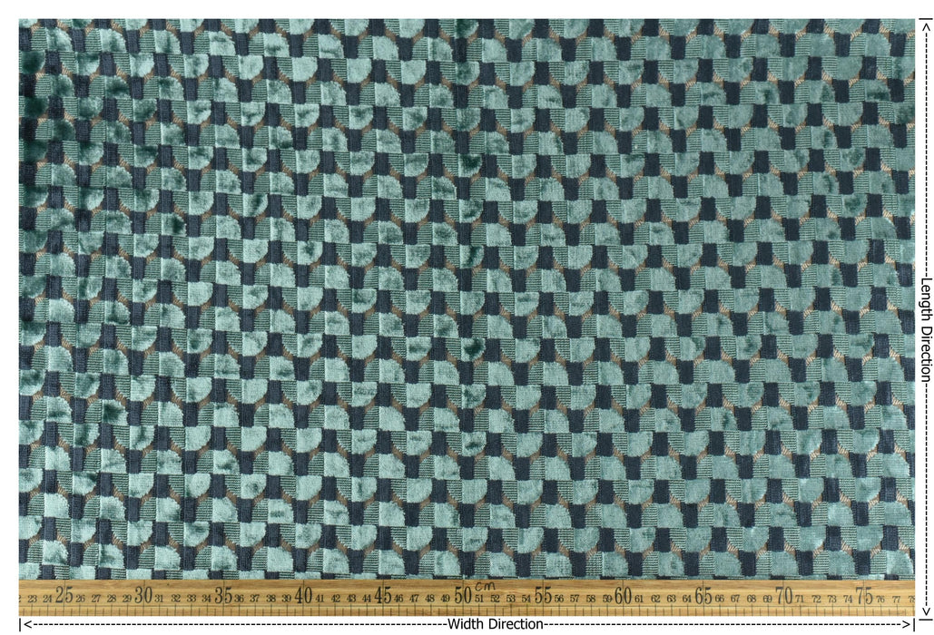 Heavy Weight Semicircle Striped Cut Velvet Upholstery Fabric For Chair|Teal Green and Blue Raised Geometric Furniture Fabric For Sofa