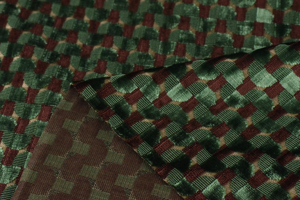 Heavy Weight Semicircle Striped Cut Velvet Upholstery Fabric For Chair|Green and Woody Brown Raised Geometric Furniture Fabric For Sofa