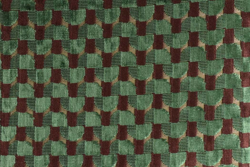 Heavy Weight Semicircle Striped Cut Velvet Upholstery Fabric For Chair|Green and Woody Brown Raised Geometric Furniture Fabric For Sofa