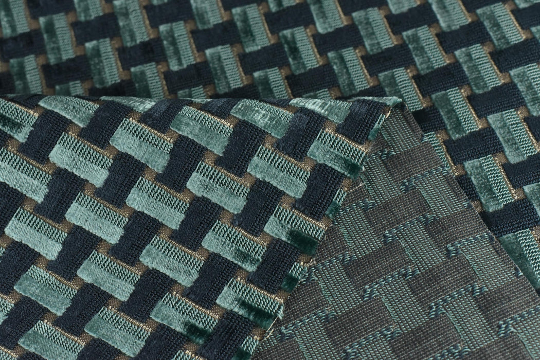 Heavy Weight Interlaced Rectangle Cut Velvet Upholstery Fabric For Chair|Teal Green and Blue Raised Geometric Furniture Fabric For Sofa