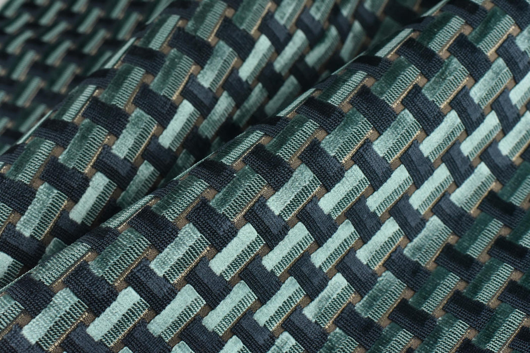 Heavy Weight Interlaced Rectangle Cut Velvet Upholstery Fabric For Chair|Teal Green and Blue Raised Geometric Furniture Fabric For Sofa
