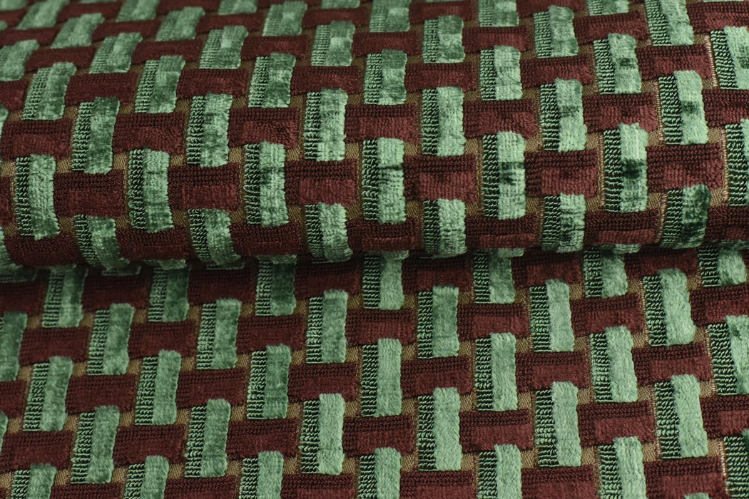 Heavy Weight Interlaced Rectangle Cut Velvet Upholstery Fabric For Chair|Green and Woody Brown Raised Geometric Furniture Fabric For Sofa