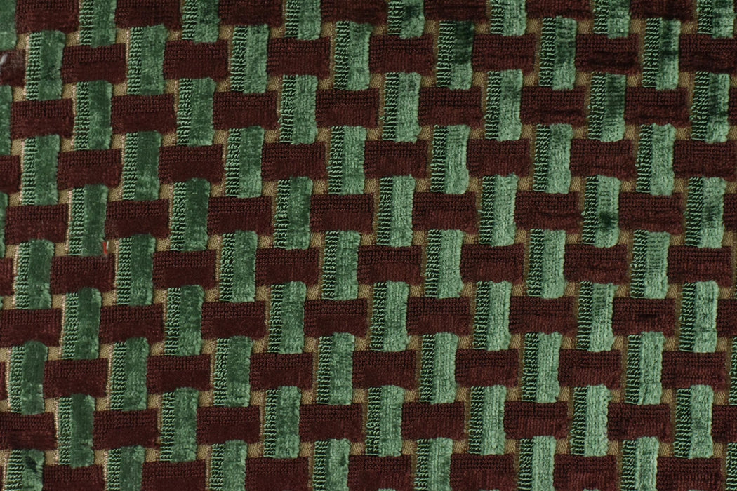 Heavy Weight Interlaced Rectangle Cut Velvet Upholstery Fabric For Chair|Green and Woody Brown Raised Geometric Furniture Fabric For Sofa