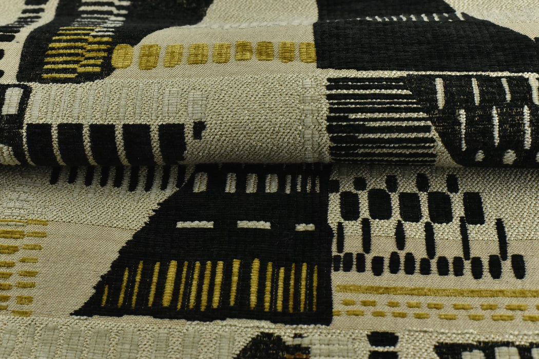 Heavy Weight Mid-Century Modern Abstract Geometric Woven Upholstery Fabric|Cotton Blend Gold Black Sofa Fabric by the Yard For Chairs