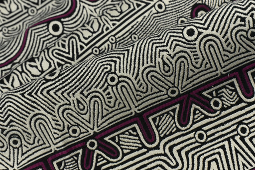 Heavyweight Tribal Geometric Upholstery Fabric For Chair|Sofa Fabric with Curved Maze&Dot Motifs|Black White Burgundy Boho Decor Fabric