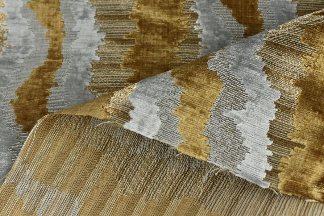 Heavy Weight Antique Gold Cut Velvet Uphosletry Fabric|Abstract Wavy Stripe Upholstery|Luxury Interior Design Fabric For Chair Sofa Pillow