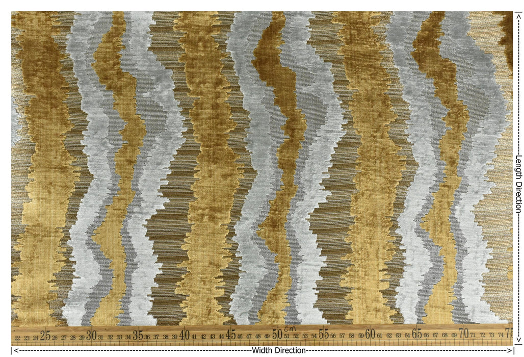 Heavy Weight Antique Gold Cut Velvet Uphosletry Fabric|Abstract Wavy Stripe Upholstery|Luxury Interior Design Fabric For Chair Sofa Pillow