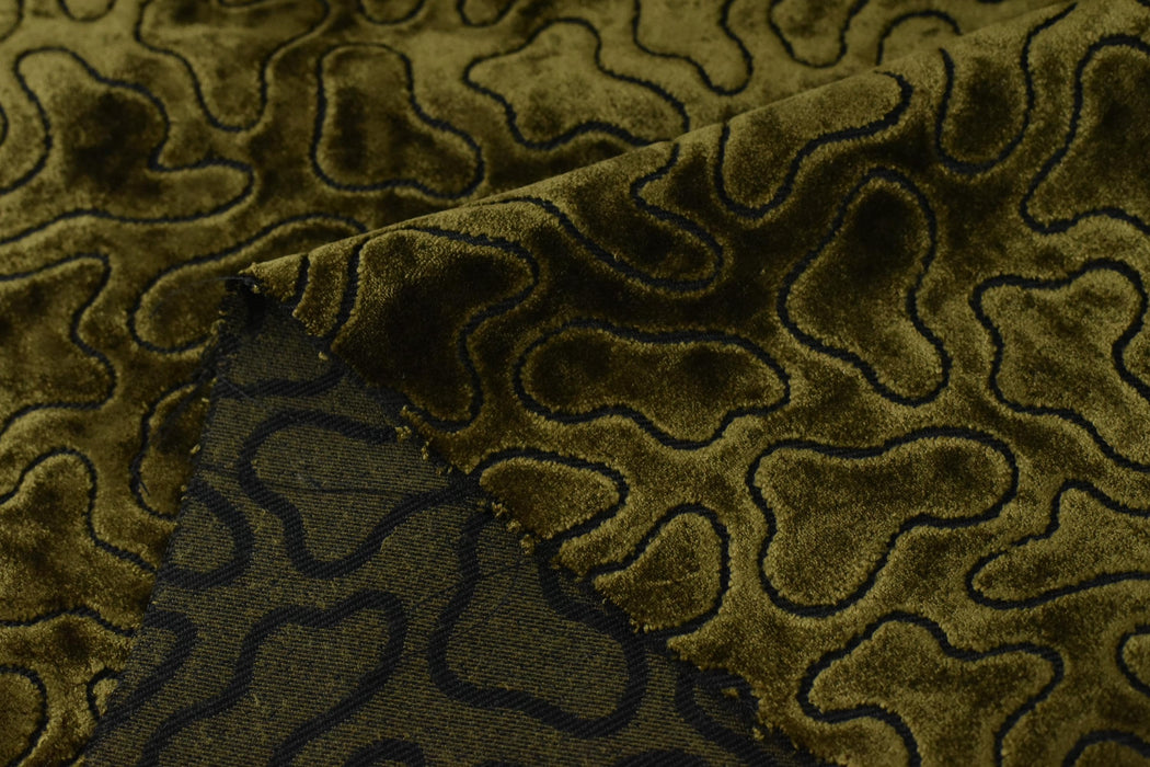 Green Cut Velvet Upholstery Fabric For Chair|Abstract Geometric Pattern Velvet|Luxury Retro Furniture Fabric|Rustic Modern Designer Fabric