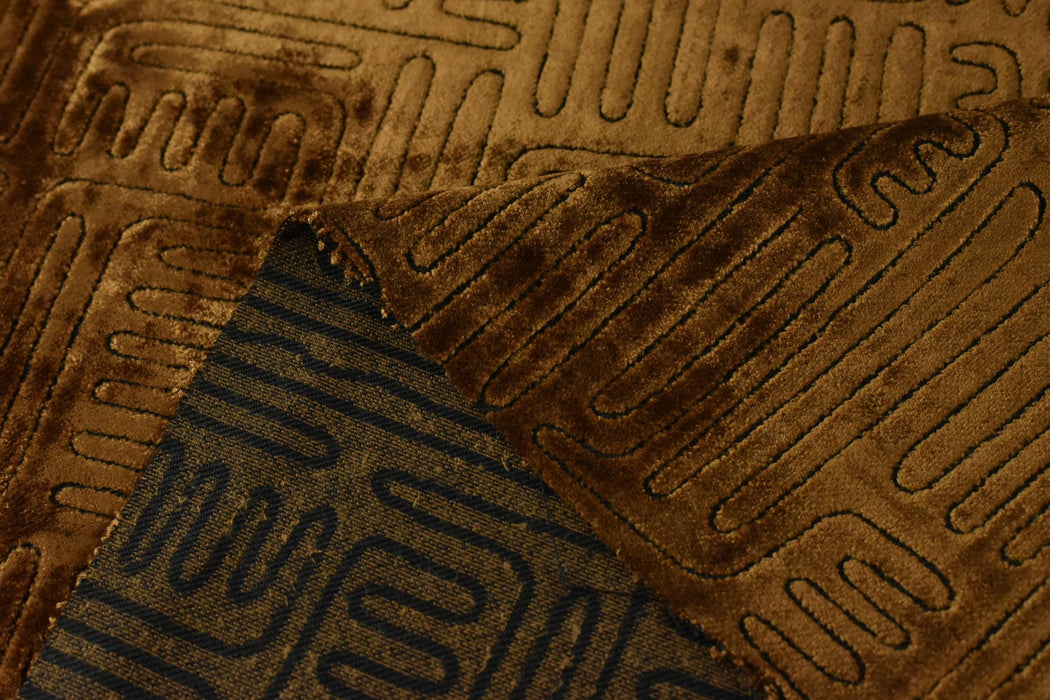 Brown Cut Velvet Upholstery Fabric|Abstract Geometric Labyrinth Velvet|Luxury Designer Furniture Fabric|Vintage Modern Home Decor Fabric