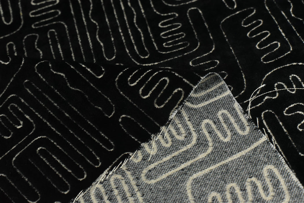 Black Cream Cut Velvet Upholstery Fabric For Chair|Abstract Geometric Labyrinth Velvet|Vintage Luxury Designer Furniture Fabric For Couch