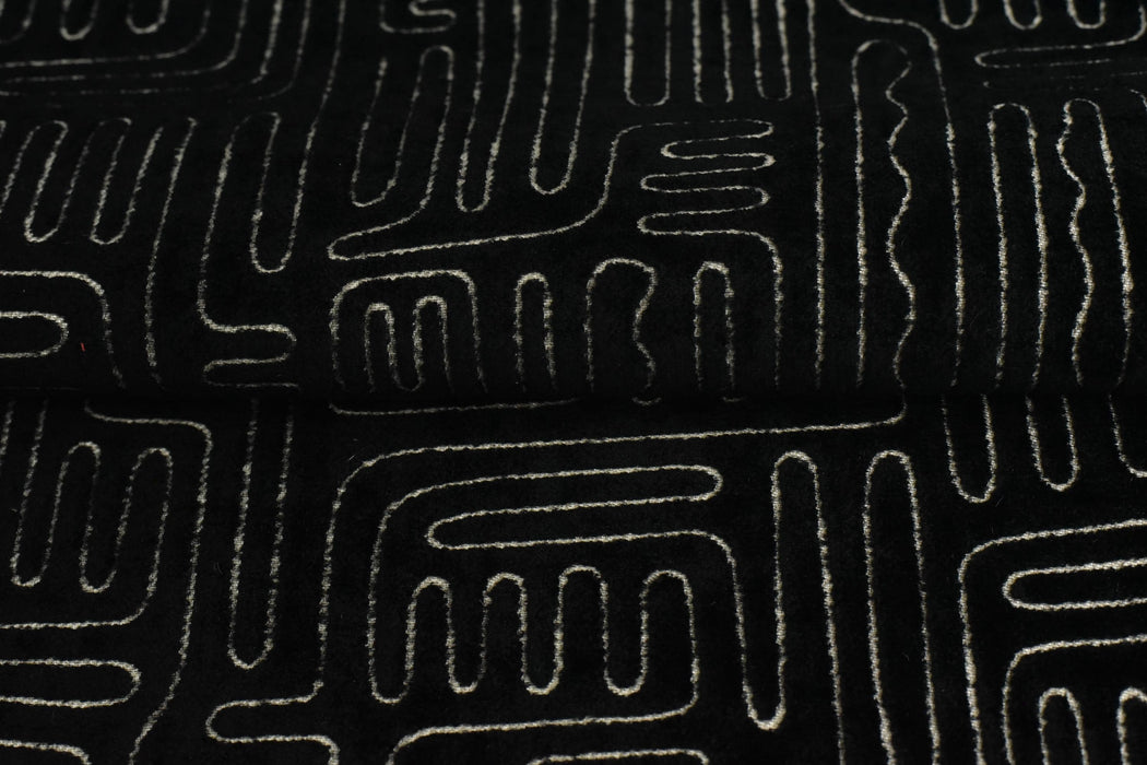 Black Cream Cut Velvet Upholstery Fabric For Chair|Abstract Geometric Labyrinth Velvet|Vintage Luxury Designer Furniture Fabric For Couch
