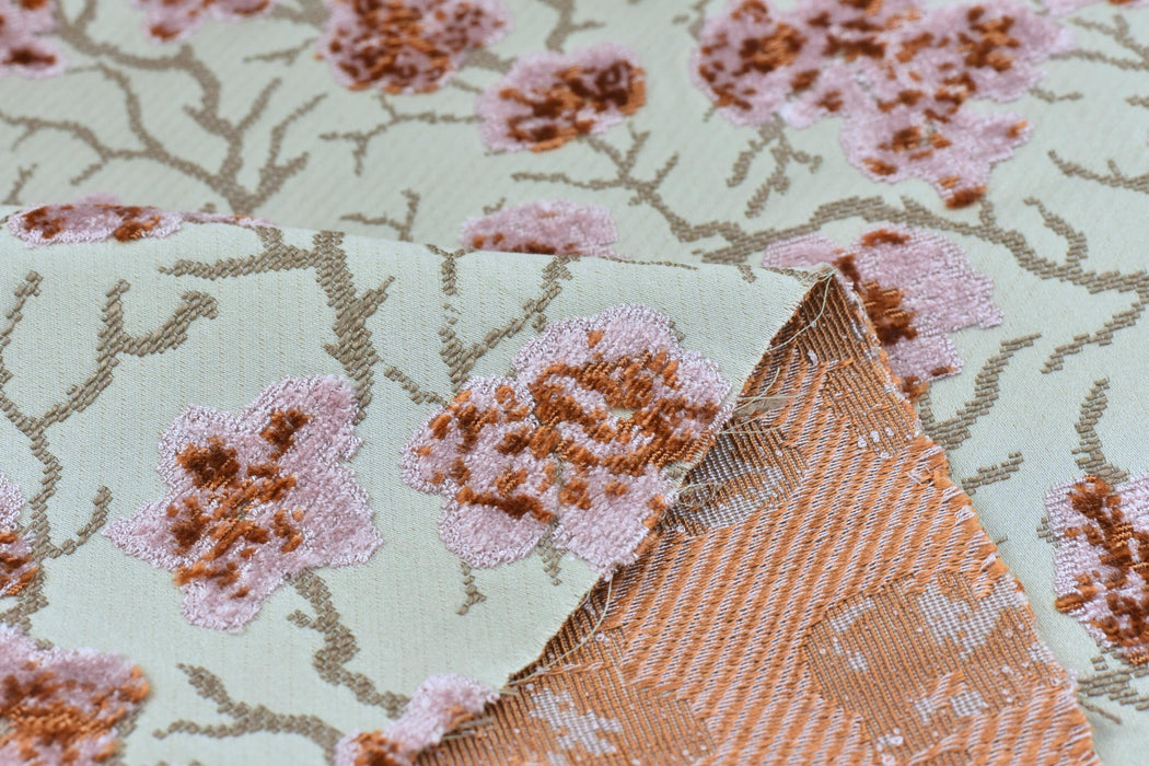 Heavyweight Vintage Pink and Rust Floral Cut Velvet Upholstery Fabric For Chair|Luxury Flower Sofa Fabric|French Country Furniture Fabric