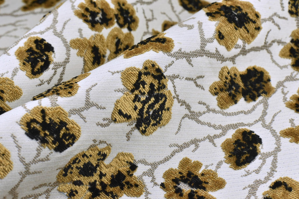 Heavyweight Vintage Gold and Black Floral Cut Velvet Upholstery Fabric For Chair|Luxury Flower Sofa Fabric|French Country Furniture Fabric