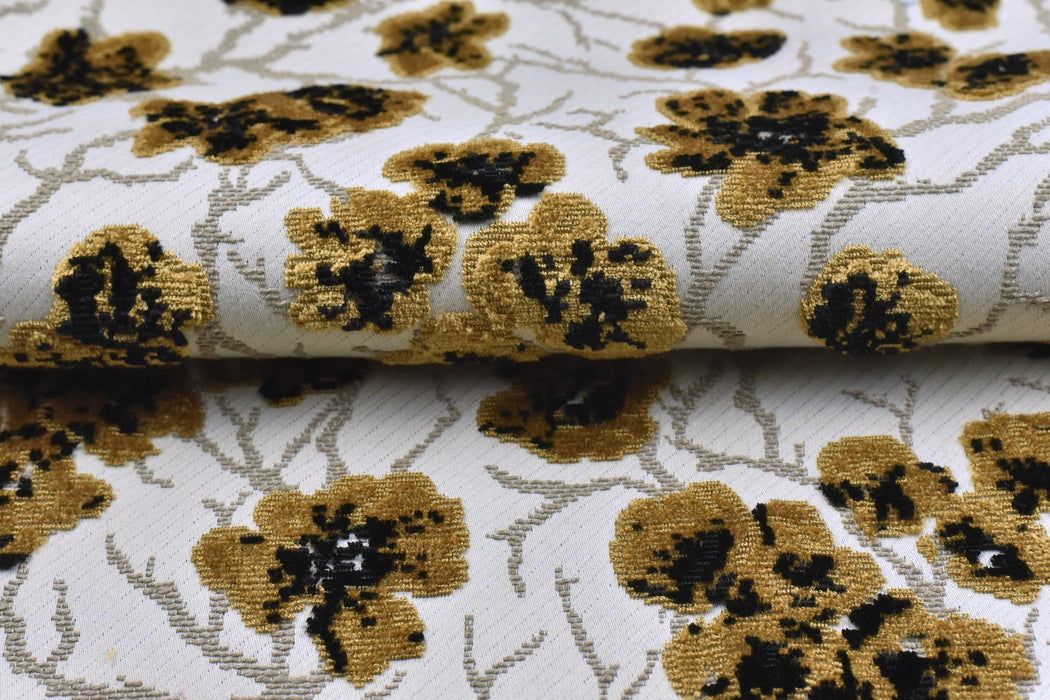 Heavyweight Vintage Gold and Black Floral Cut Velvet Upholstery Fabric For Chair|Luxury Flower Sofa Fabric|French Country Furniture Fabric