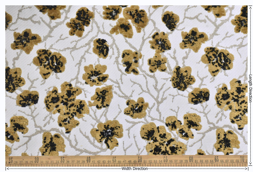 Heavyweight Vintage Gold and Black Floral Cut Velvet Upholstery Fabric For Chair|Luxury Flower Sofa Fabric|French Country Furniture Fabric