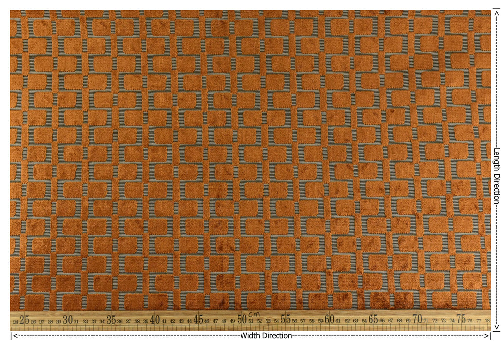 Heavy Weight Burnt Orange Check Cut Velvet Upholstery For Chair|Geometric Lattice Sofa Fabric|Heavy Duty Upholstery Textile For Furniture