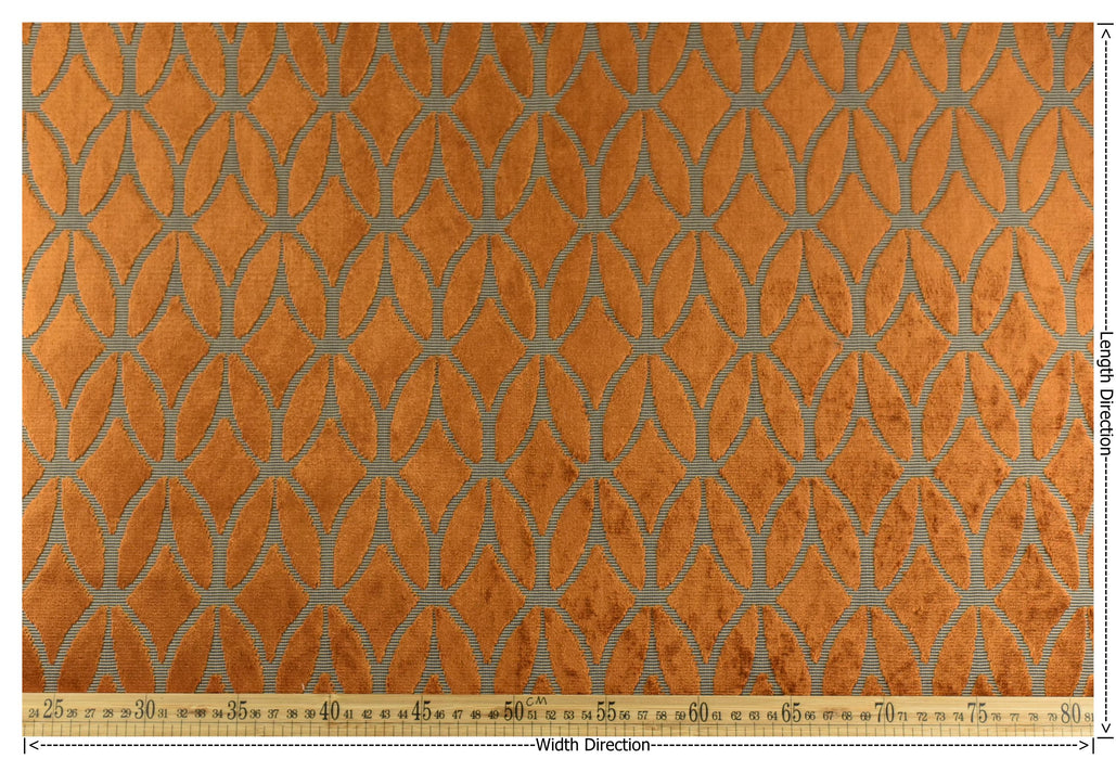 Heavyweight Burnt Orange Rhombus Leaf Cut Velvet Upholstery Fabric For Chair|Modern Minimalist Burnt Orange Geometric Velvet Fabric For Sofa