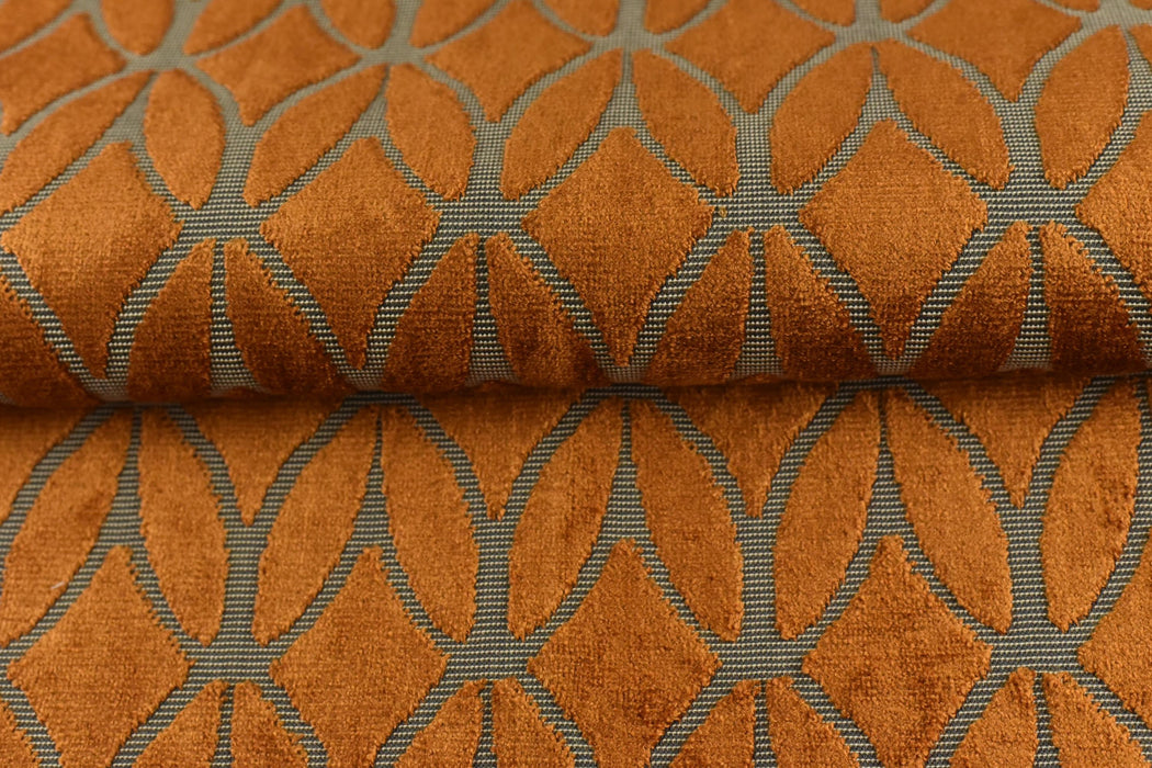 Heavyweight Burnt Orange Rhombus Leaf Cut Velvet Upholstery Fabric For Chair|Modern Minimalist Burnt Orange Geometric Velvet Fabric For Sofa