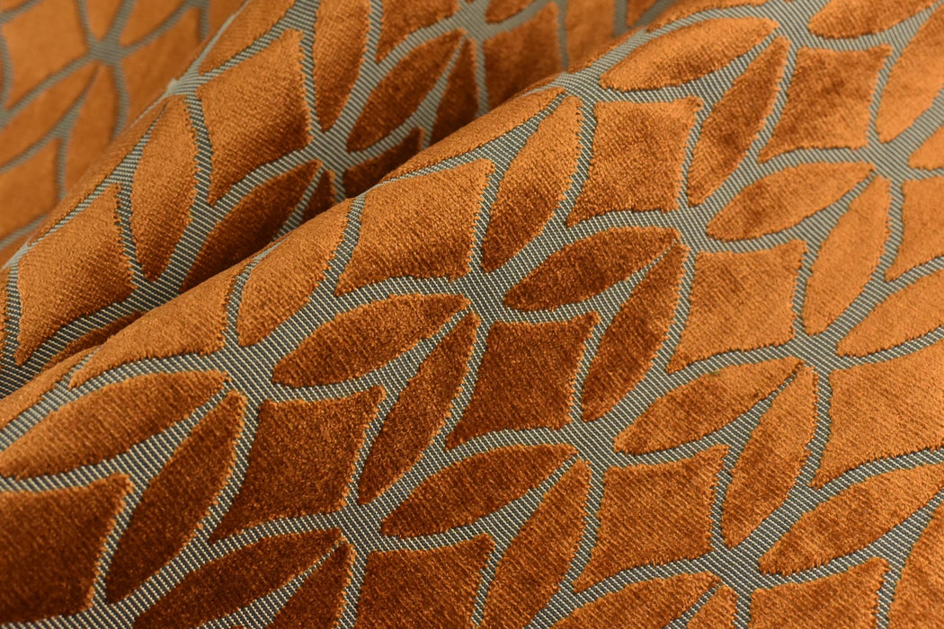 Heavyweight Burnt Orange Rhombus Leaf Cut Velvet Upholstery Fabric For Chair|Modern Minimalist Burnt Orange Geometric Velvet Fabric For Sofa
