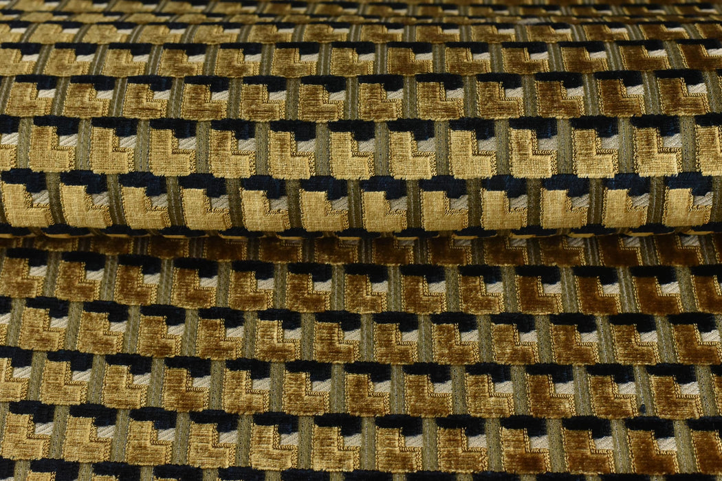 Heavy Weight Gold Black Geometric Cut Velvet Upholstery For Chair|Retro Modern Plushed Raised Blocks Woven Fabric For Sofa Couch Pillow