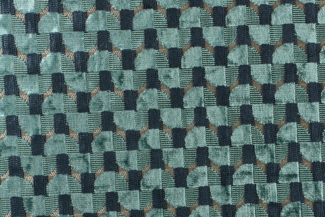 Heavy Weight Semicircle Striped Cut Velvet Upholstery Fabric For Chair|Teal Green and Blue Raised Geometric Furniture Fabric For Sofa