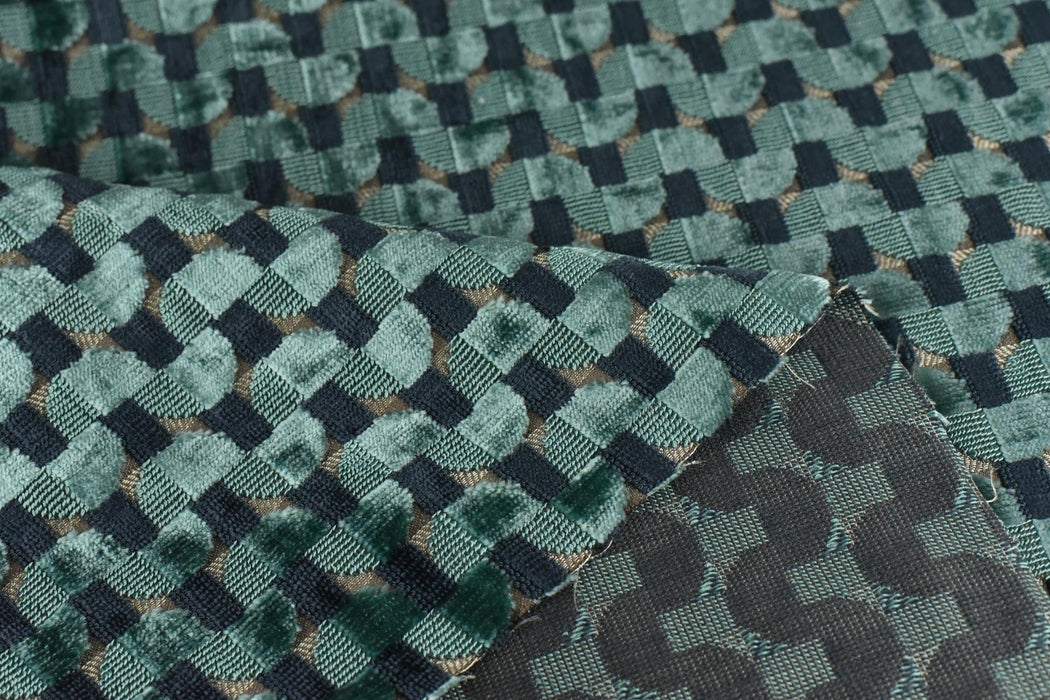 Heavy Weight Semicircle Striped Cut Velvet Upholstery Fabric For Chair|Teal Green and Blue Raised Geometric Furniture Fabric For Sofa