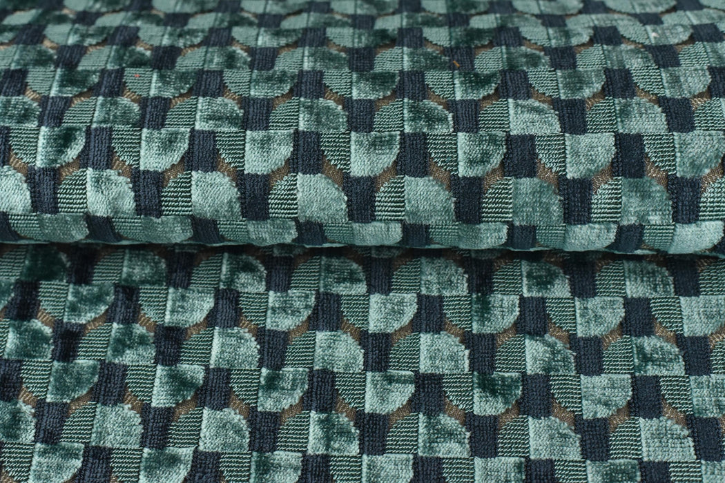 Heavy Weight Semicircle Striped Cut Velvet Upholstery Fabric For Chair|Teal Green and Blue Raised Geometric Furniture Fabric For Sofa