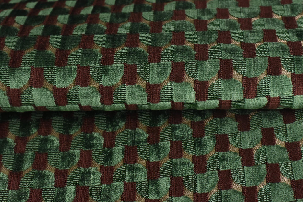 Heavy Weight Semicircle Striped Cut Velvet Upholstery Fabric For Chair|Green and Woody Brown Raised Geometric Furniture Fabric For Sofa