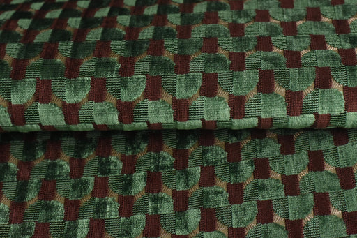 Heavy Weight Semicircle Striped Cut Velvet Upholstery Fabric For Chair|Green and Woody Brown Raised Geometric Furniture Fabric For Sofa
