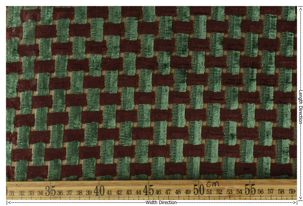 Heavy Weight Semicircle Striped Cut Velvet Upholstery Fabric For Chair|Green and Woody Brown Raised Geometric Furniture Fabric For Sofa