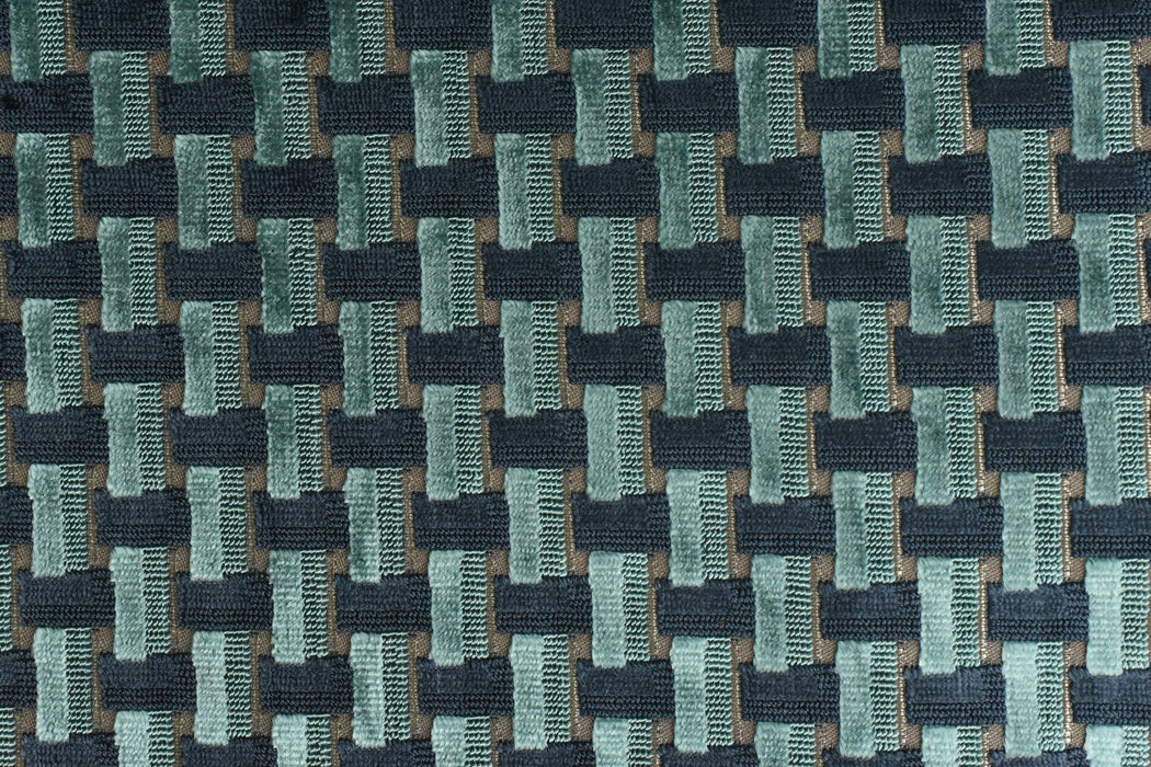 Heavy Weight Interlaced Rectangle Cut Velvet Upholstery Fabric For Chair|Teal Green and Blue Raised Geometric Furniture Fabric For Sofa