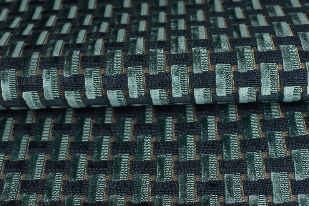 Heavy Weight Interlaced Rectangle Cut Velvet Upholstery Fabric For Chair|Teal Green and Blue Raised Geometric Furniture Fabric For Sofa