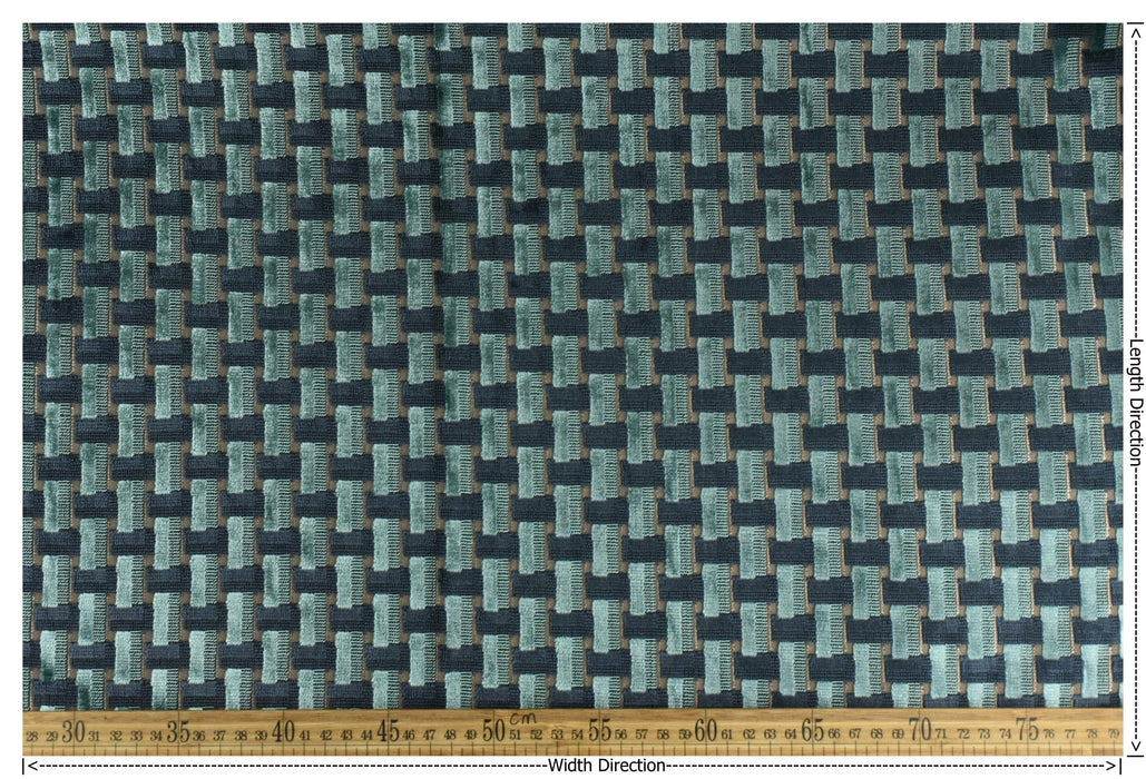 Heavy Weight Interlaced Rectangle Cut Velvet Upholstery Fabric For Chair|Teal Green and Blue Raised Geometric Furniture Fabric For Sofa