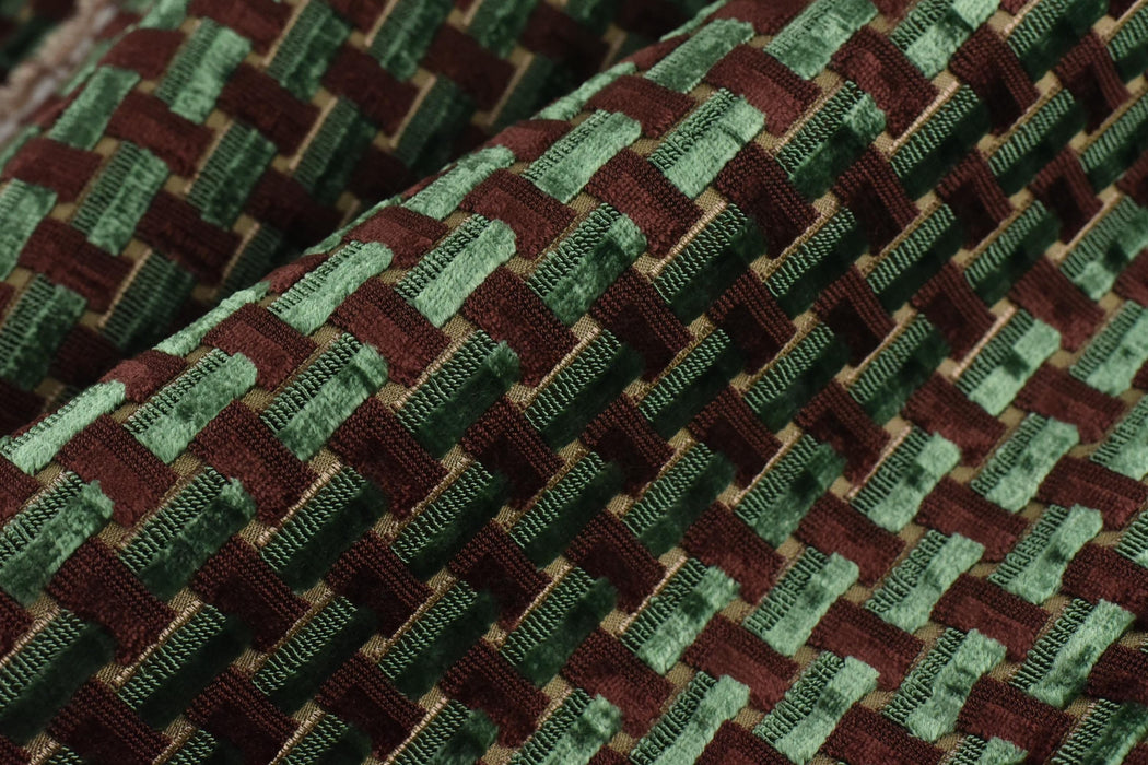 Heavy Weight Interlaced Rectangle Cut Velvet Upholstery Fabric For Chair|Green and Woody Brown Raised Geometric Furniture Fabric For Sofa