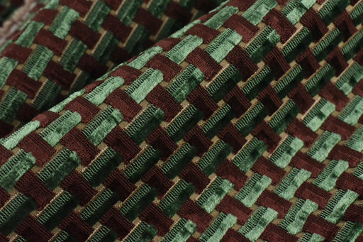 Heavy Weight Interlaced Rectangle Cut Velvet Upholstery Fabric For Chair|Green and Woody Brown Raised Geometric Furniture Fabric For Sofa