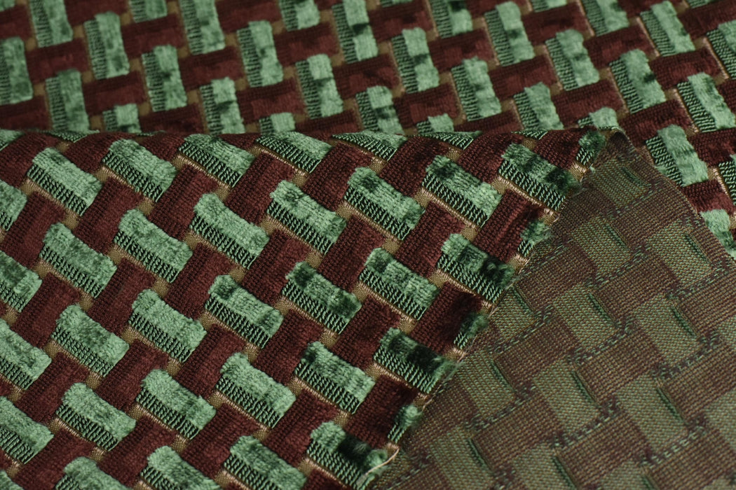 Heavy Weight Interlaced Rectangle Cut Velvet Upholstery Fabric For Chair|Green and Woody Brown Raised Geometric Furniture Fabric For Sofa