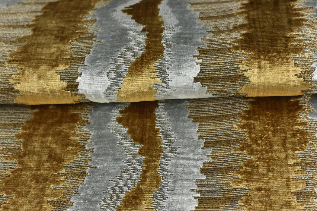Heavy Weight Antique Gold Cut Velvet Uphosletry Fabric|Abstract Wavy Stripe Upholstery|Luxury Interior Design Fabric For Chair Sofa Pillow