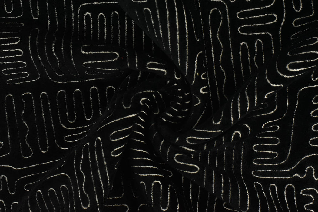 Black Cream Cut Velvet Upholstery Fabric For Chair|Abstract Geometric Labyrinth Velvet|Vintage Luxury Designer Furniture Fabric For Couch