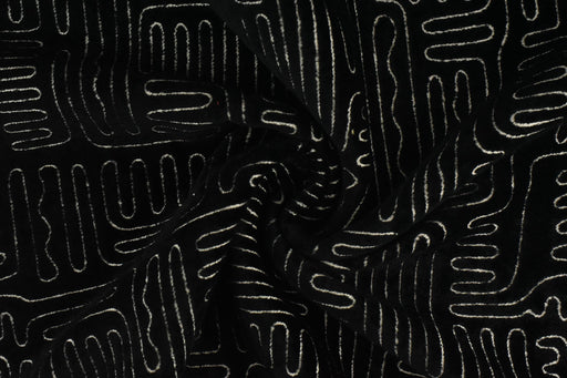Black Cream Cut Velvet Upholstery Fabric For Chair|Abstract Geometric Labyrinth Velvet|Vintage Luxury Designer Furniture Fabric For Couch