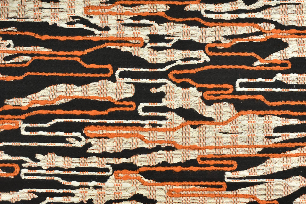 Heavyweight Abstract Geometric Black Orange Upholstery Fabric|3D Textured Woven Fabric|Linen Blend Sofa Chair Fabric|Designer Cushion Fabric