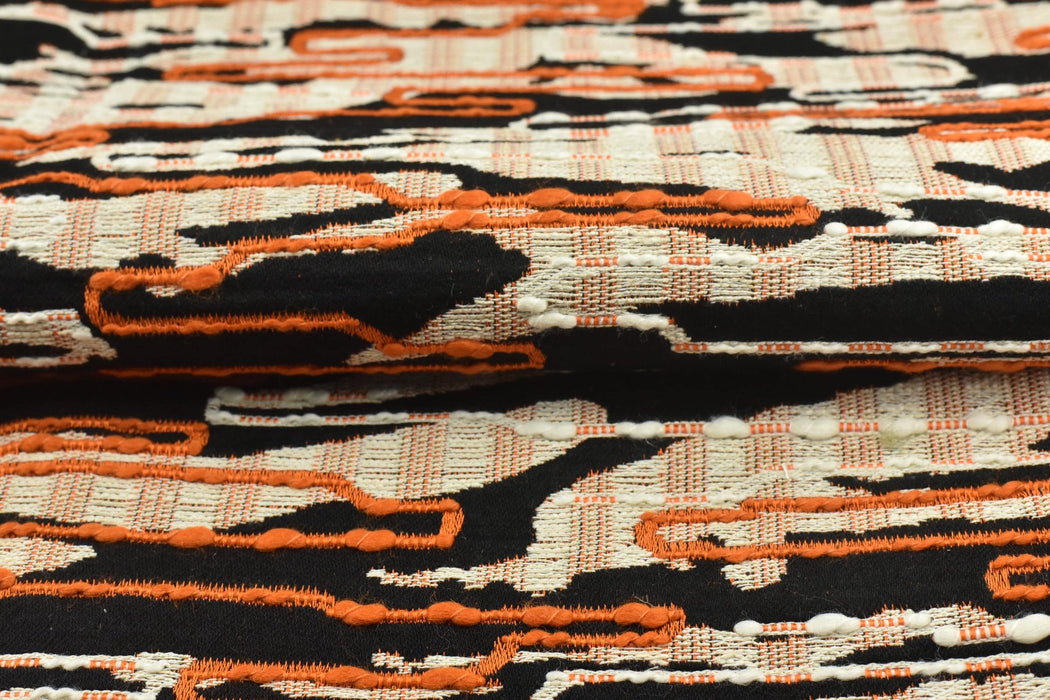 Heavyweight Abstract Geometric Black Orange Upholstery Fabric|3D Textured Woven Fabric|Linen Blend Sofa Chair Fabric|Designer Cushion Fabric