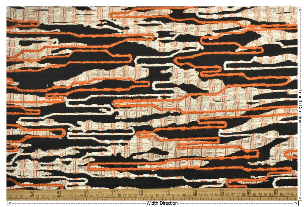 Heavyweight Abstract Geometric Black Orange Upholstery Fabric|3D Textured Woven Fabric|Linen Blend Sofa Chair Fabric|Designer Cushion Fabric