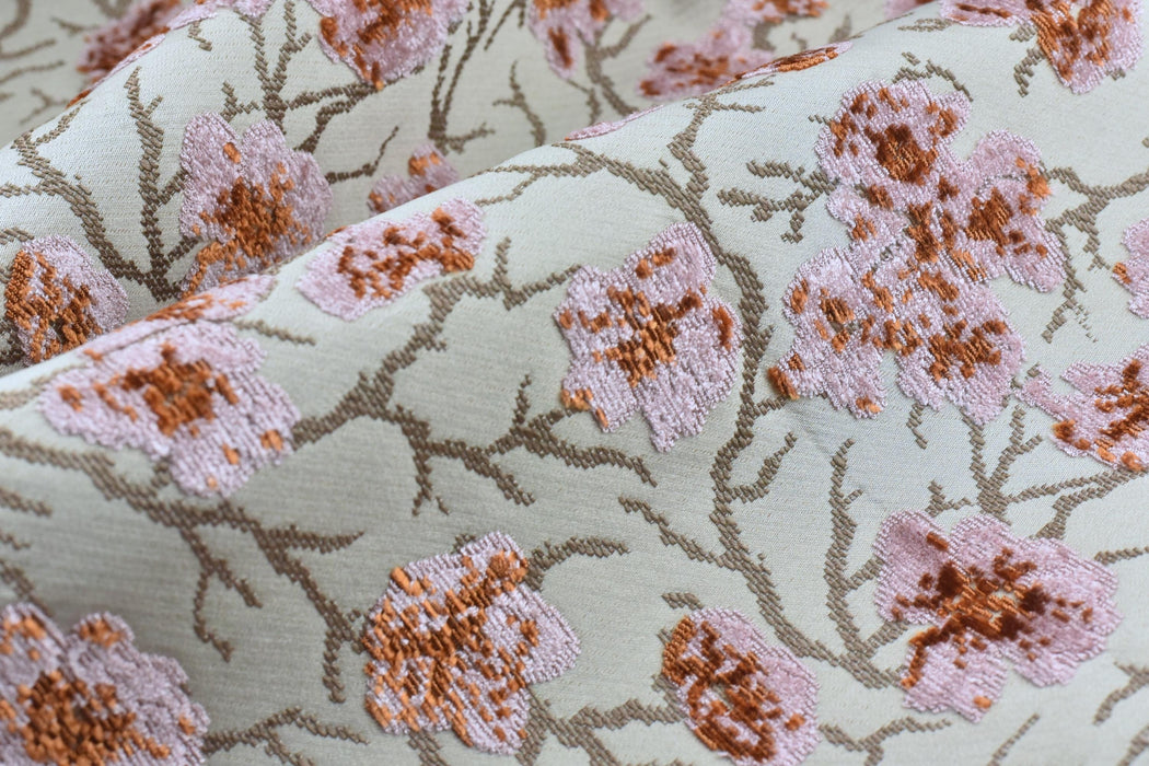 Heavyweight Vintage Pink and Rust Floral Cut Velvet Upholstery Fabric For Chair|Luxury Flower Sofa Fabric|French Country Furniture Fabric