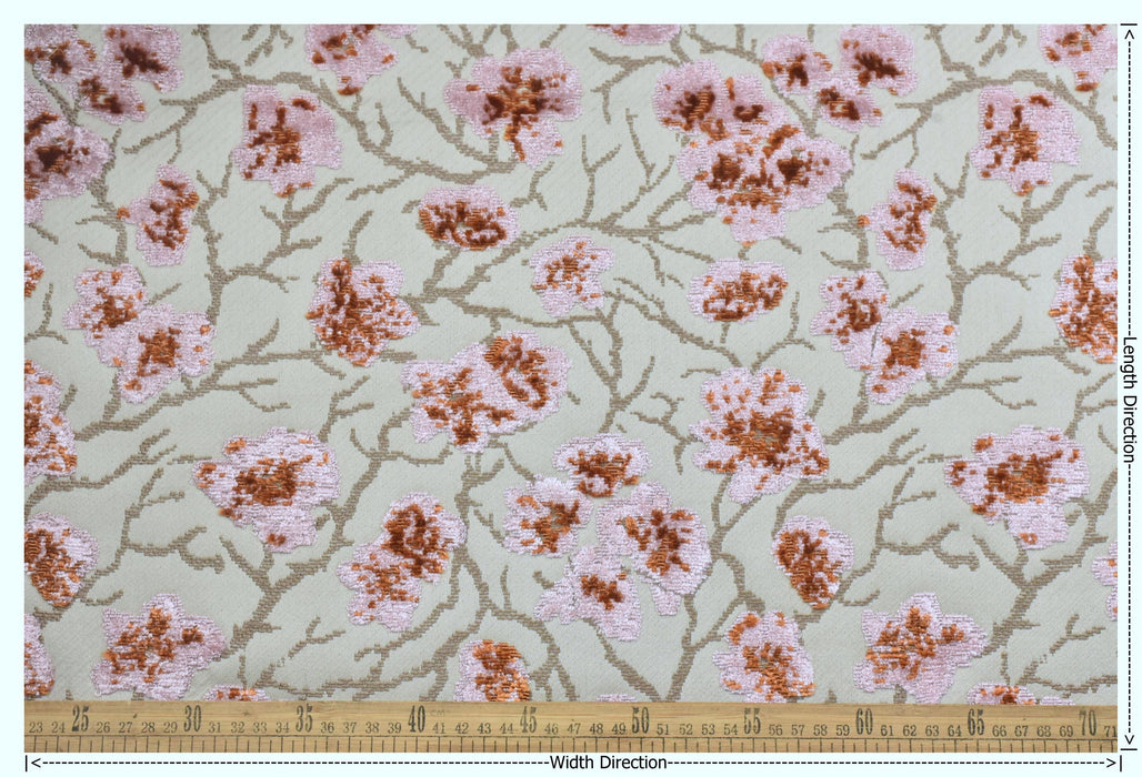 Heavyweight Vintage Pink and Rust Floral Cut Velvet Upholstery Fabric For Chair|Luxury Flower Sofa Fabric|French Country Furniture Fabric